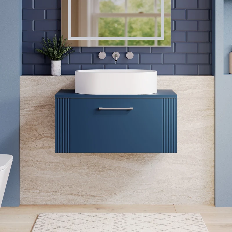 Deco 800mm Wall Hung 1 Drawer Vanity Unit & Worktop - Blue Satin