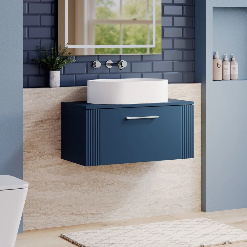 Deco 800mm Wall Hung 1 Drawer Vanity Unit & Worktop - Blue Satin