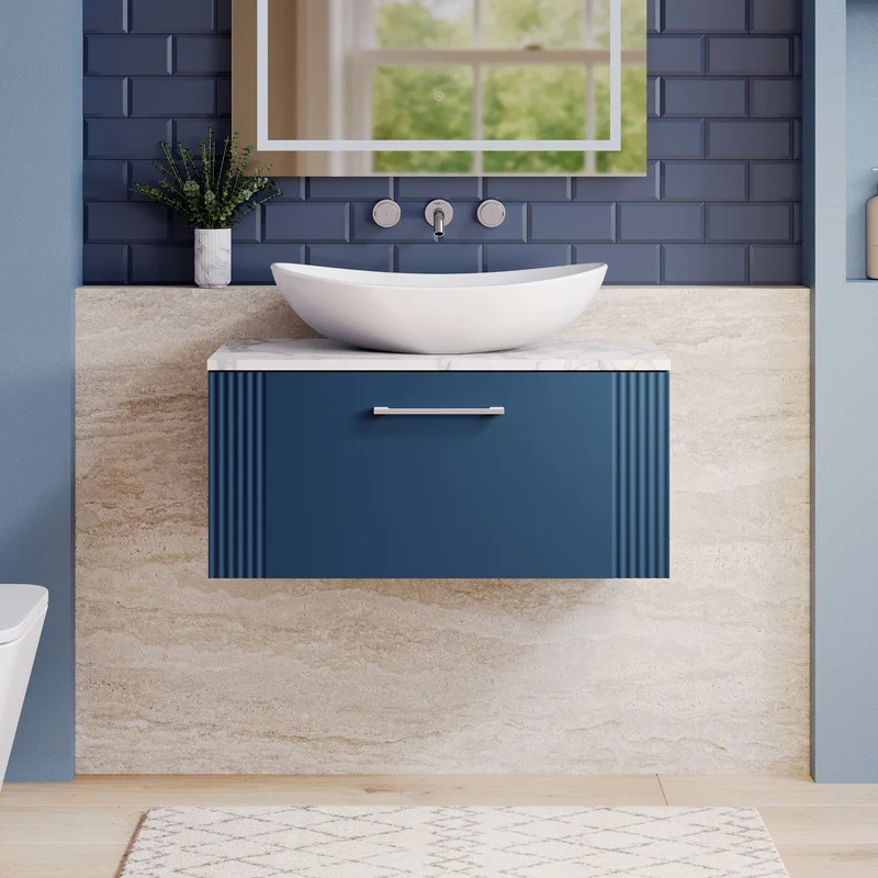 Deco 800mm Wall Hung 1 Drawer Vanity Unit & Carrera Marble Laminate Worktop - Blue Satin