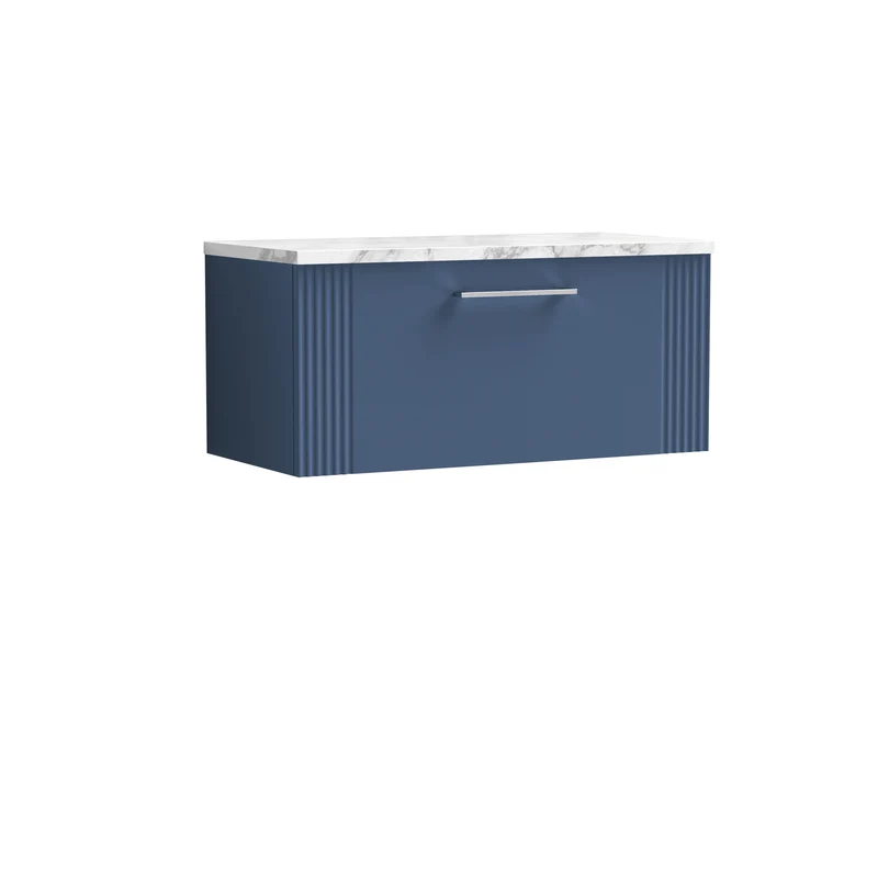 Deco 800mm Wall Hung 1 Drawer Vanity Unit & Carrera Marble Laminate Worktop - Blue Satin