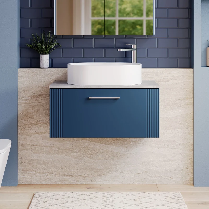 Deco 800mm Wall Hung 1 Drawer Vanity Unit & Bellato Grey Laminate Worktop - Blue Satin