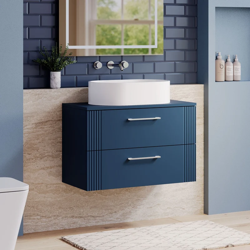 Deco 800mm Wall Hung 2 Drawer Vanity Unit & Worktop - Blue Satin