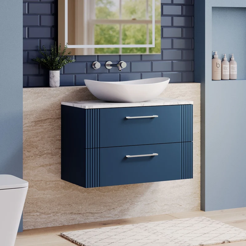 Deco 800mm Wall Hung 2 Drawer Vanity Unit & Carrera Marble Laminate Worktop - Blue Satin