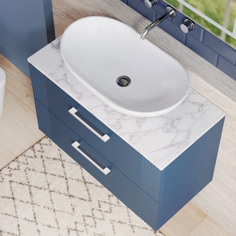 Deco 800mm Wall Hung 2 Drawer Vanity Unit & Carrera Marble Laminate Worktop - Blue Satin