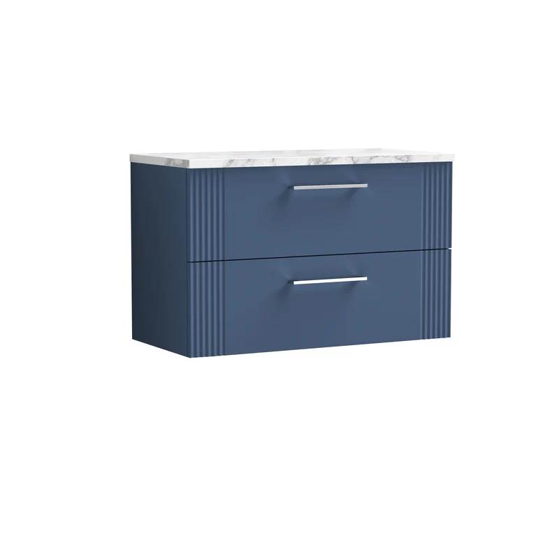 Deco 800mm Wall Hung 2 Drawer Vanity Unit & Carrera Marble Laminate Worktop - Blue Satin