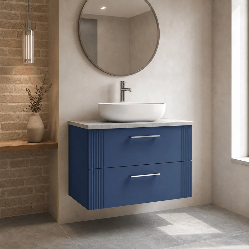 Deco 800mm Wall Hung 2 Drawer Vanity Unit & Bellato Grey Laminate Worktop - Blue Satin