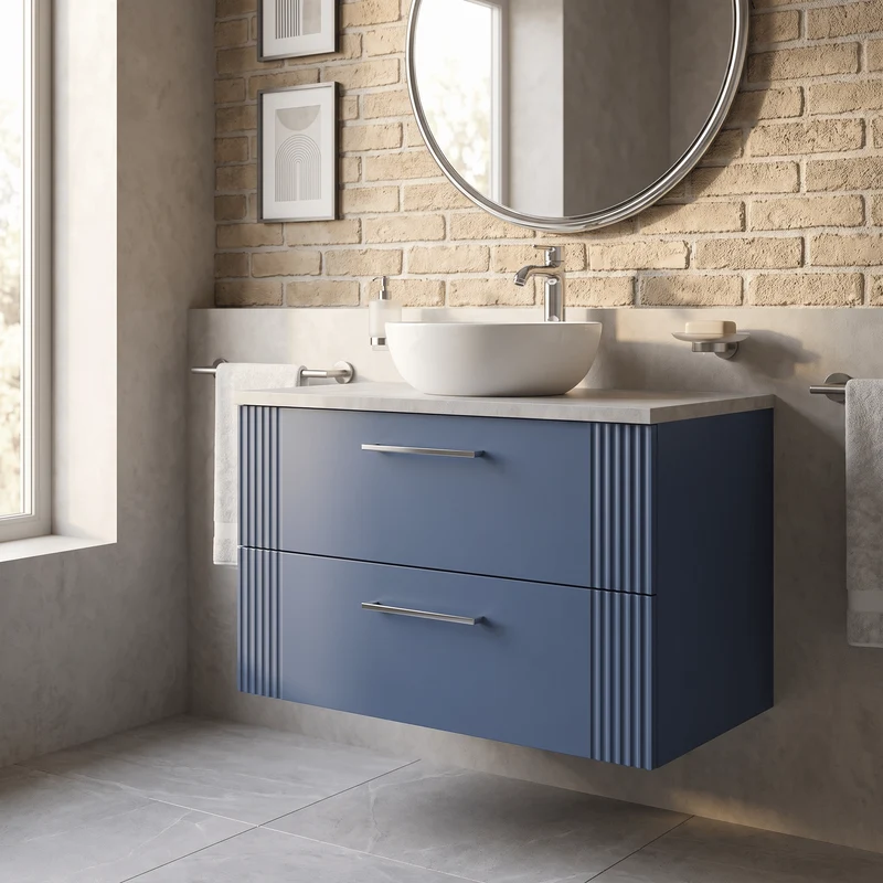 Deco 800mm Wall Hung 2 Drawer Vanity Unit & Bellato Grey Laminate Worktop - Blue Satin