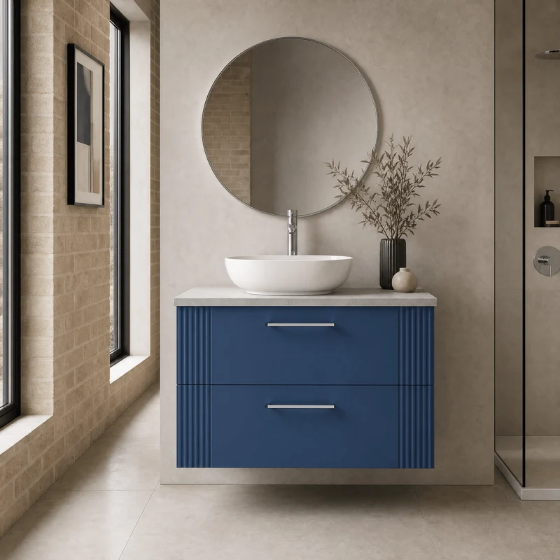 Deco 800mm Wall Hung 2 Drawer Vanity Unit & Bellato Grey Laminate Worktop - Blue Satin