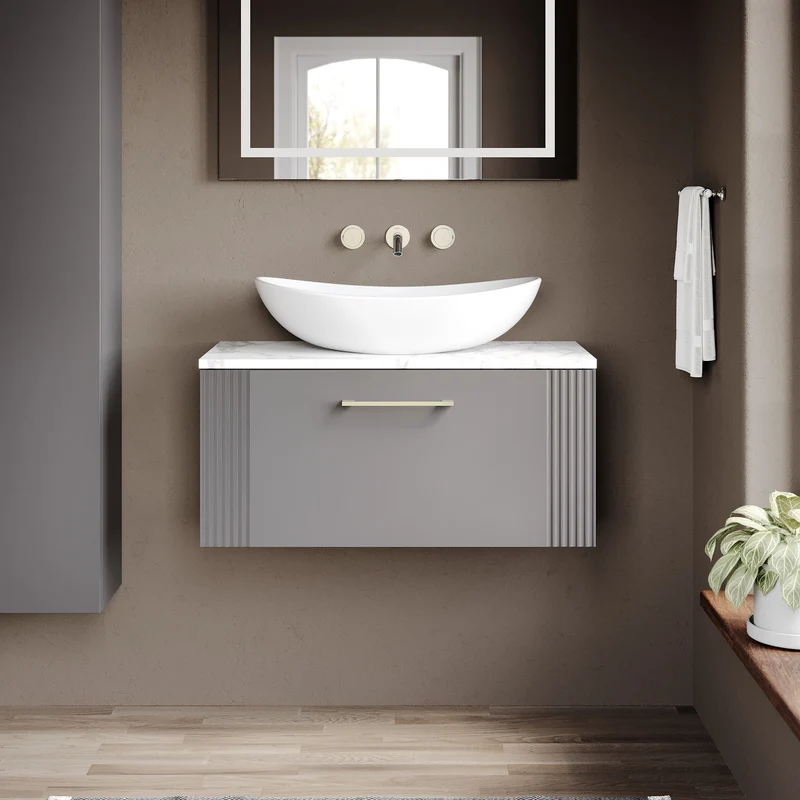 Deco 800mm Wall Hung 1 Drawer Vanity Unit & Carrera Marble Laminate Worktop - Grey Satin