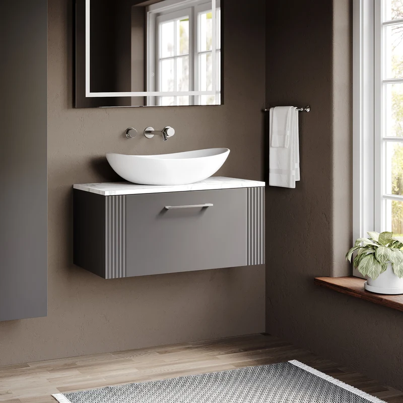 Deco 800mm Wall Hung 1 Drawer Vanity Unit & Carrera Marble Laminate Worktop - Grey Satin