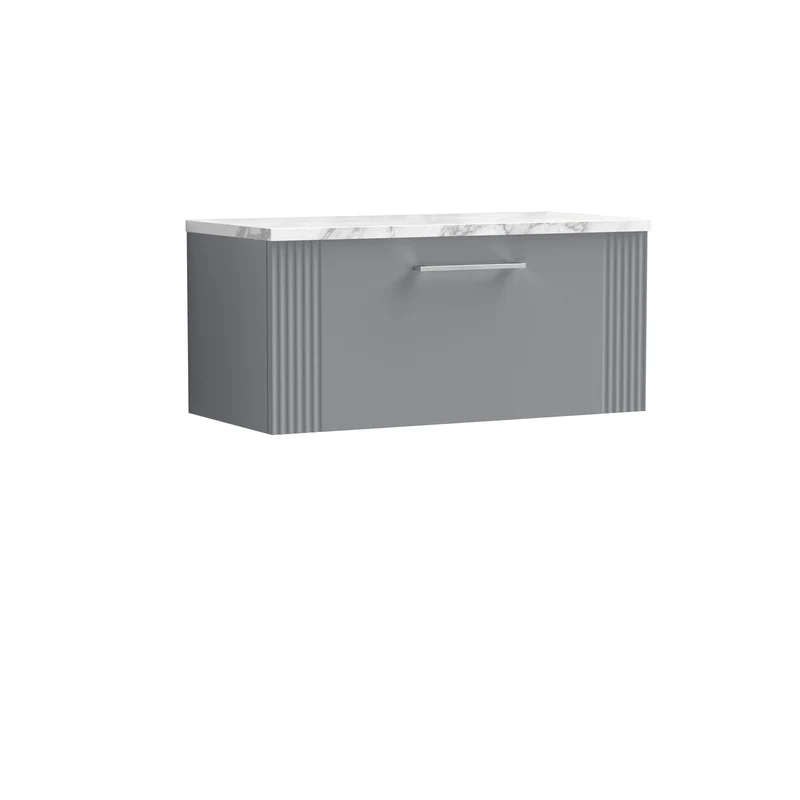 Deco 800mm Wall Hung 1 Drawer Vanity Unit & Carrera Marble Laminate Worktop - Grey Satin