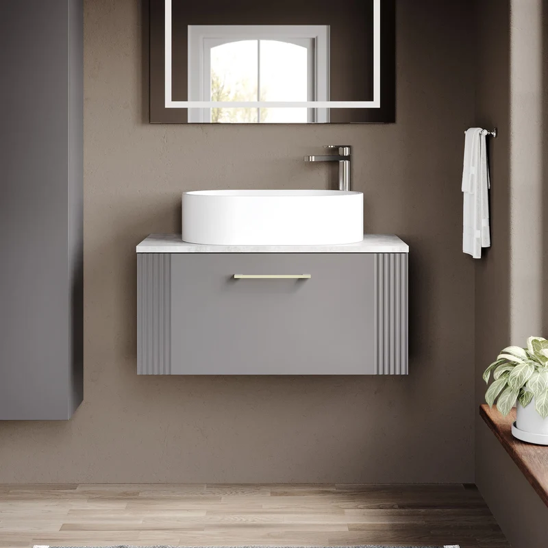 Deco 800mm Wall Hung 1 Drawer Vanity Unit & Bellato Grey Laminate Worktop - Grey Satin