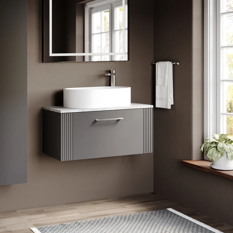 Deco 800mm Wall Hung 1 Drawer Vanity Unit & Bellato Grey Laminate Worktop - Grey Satin