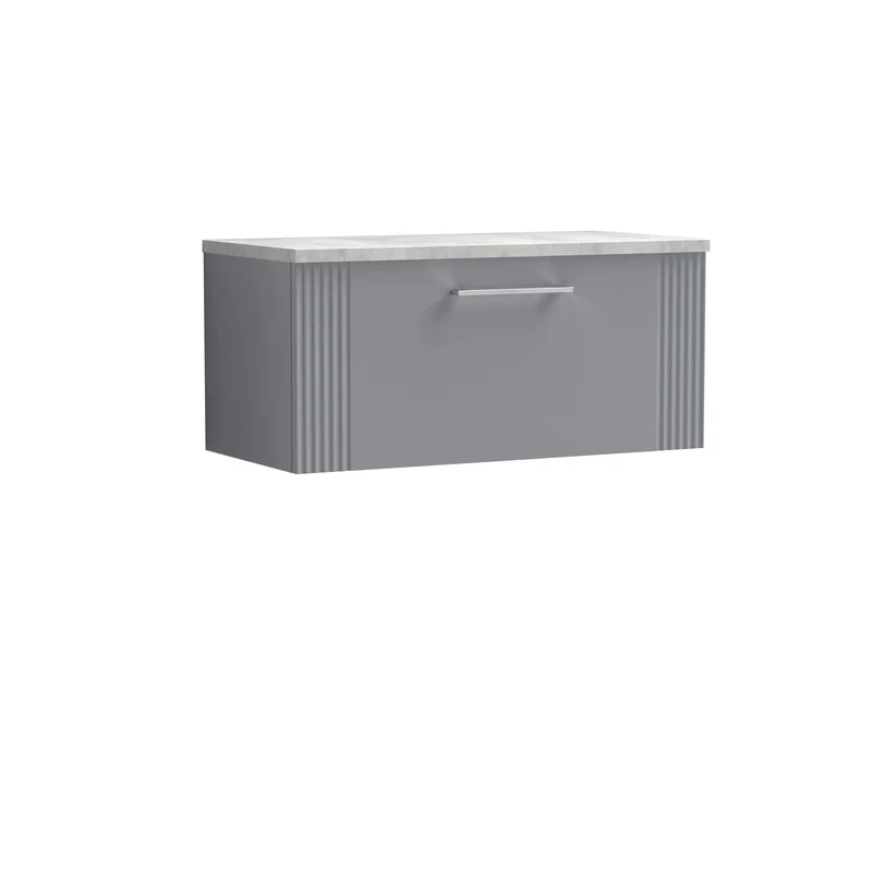 Deco 800mm Wall Hung 1 Drawer Vanity Unit & Bellato Grey Laminate Worktop - Grey Satin