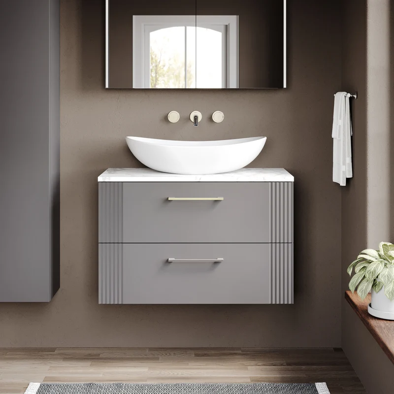 Deco 800mm Wall Hung 2 Drawer Vanity Unit & Carrera Marble Laminate Worktop - Grey Satin