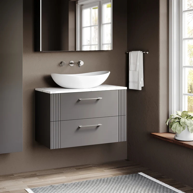 Deco 800mm Wall Hung 2 Drawer Vanity Unit & Carrera Marble Laminate Worktop - Grey Satin