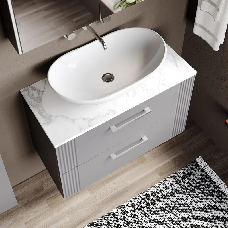 Deco 800mm Wall Hung 2 Drawer Vanity Unit & Carrera Marble Laminate Worktop - Grey Satin