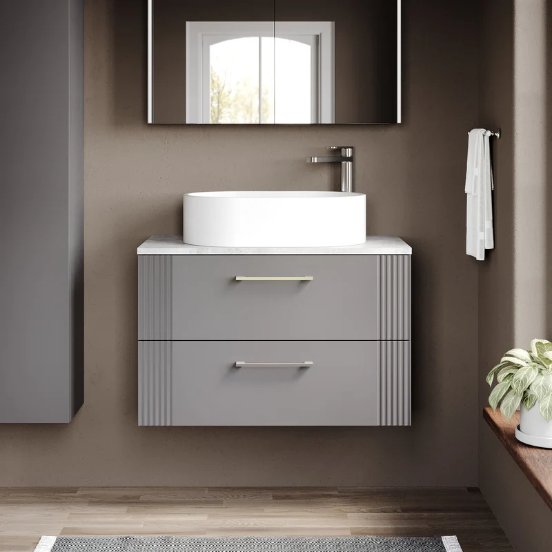 Deco 800mm Wall Hung 2 Drawer Vanity Unit & Bellato Grey Laminate Worktop - Grey Satin