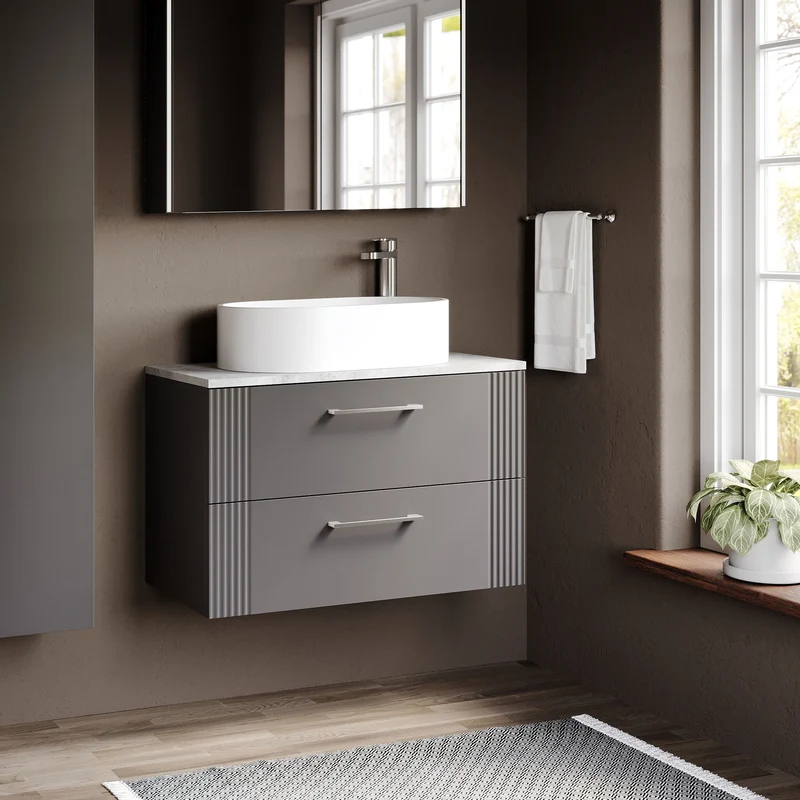Deco 800mm Wall Hung 2 Drawer Vanity Unit & Bellato Grey Laminate Worktop - Grey Satin