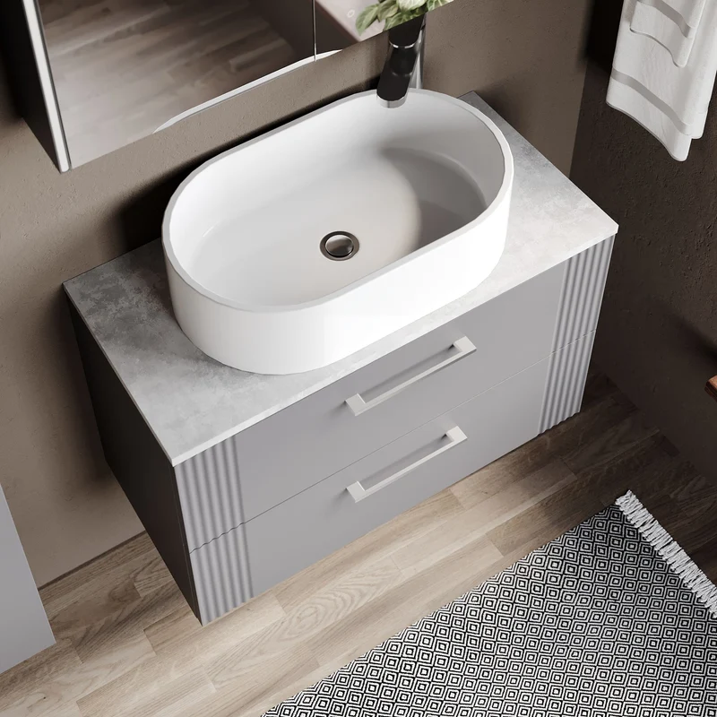 Deco 800mm Wall Hung 2 Drawer Vanity Unit & Bellato Grey Laminate Worktop - Grey Satin