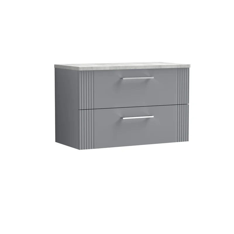 Deco 800mm Wall Hung 2 Drawer Vanity Unit & Bellato Grey Laminate Worktop - Grey Satin