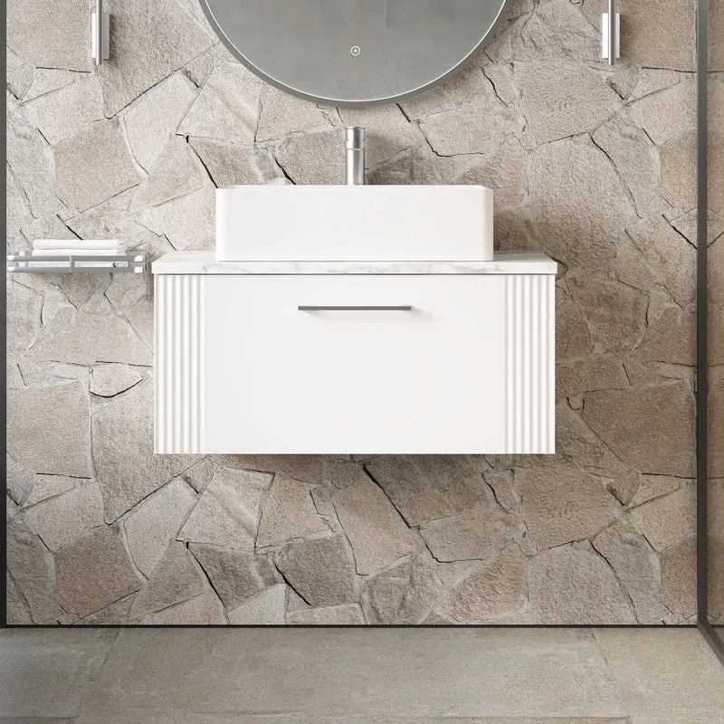 Deco 800mm Wall Hung 1 Drawer Vanity Unit & Carrera Marble Laminate Worktop - White Satin