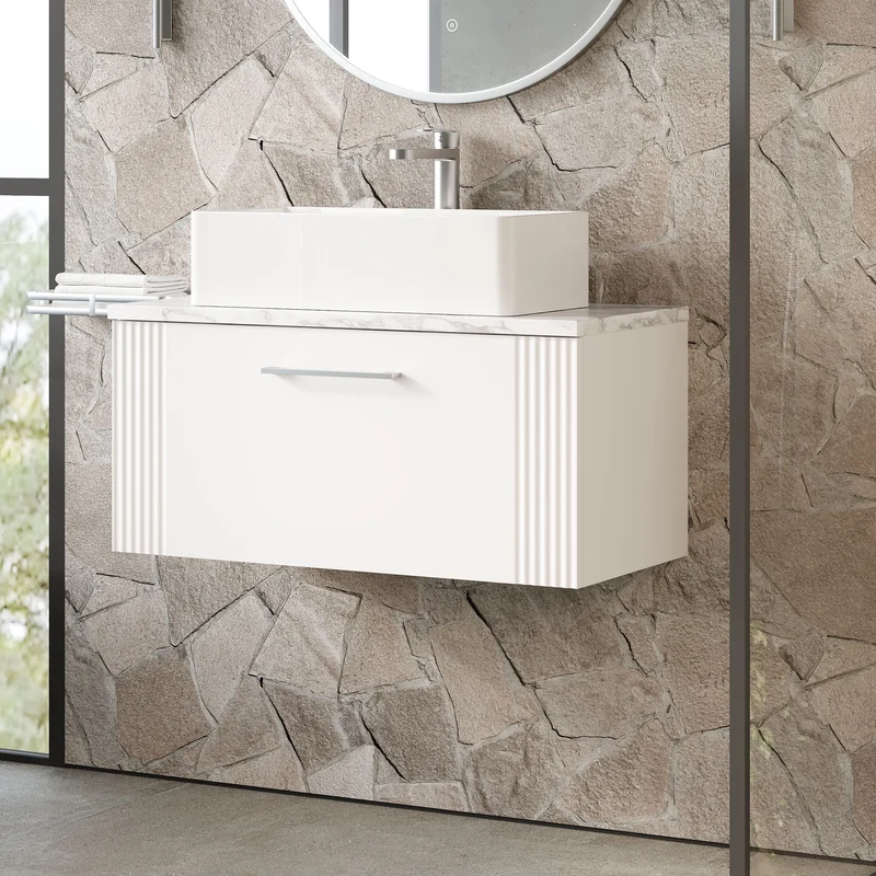 Deco 800mm Wall Hung 1 Drawer Vanity Unit & Carrera Marble Laminate Worktop - White Satin