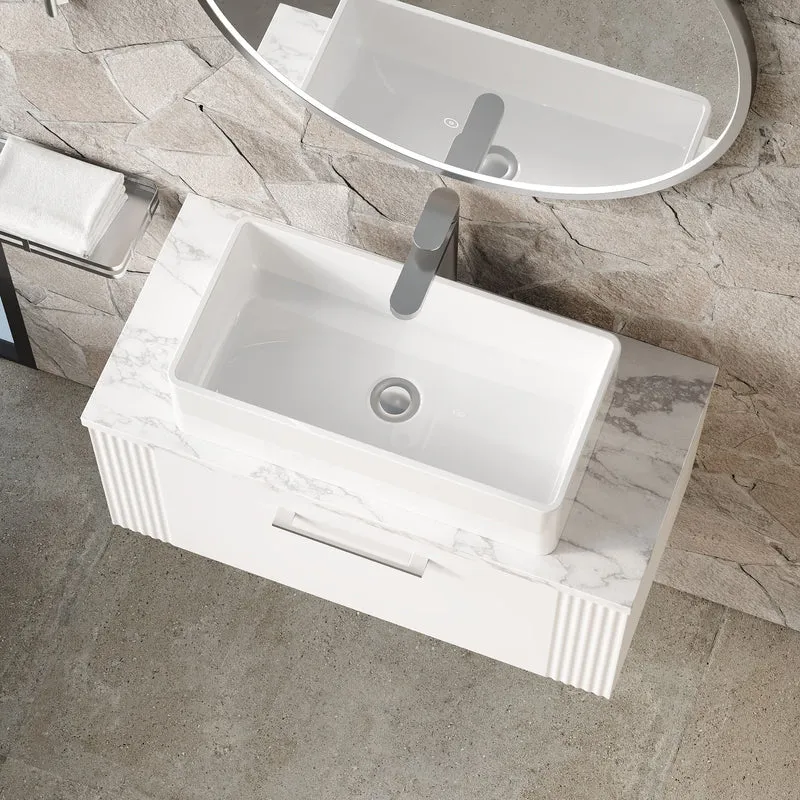 Deco 800mm Wall Hung 1 Drawer Vanity Unit & Carrera Marble Laminate Worktop - White Satin