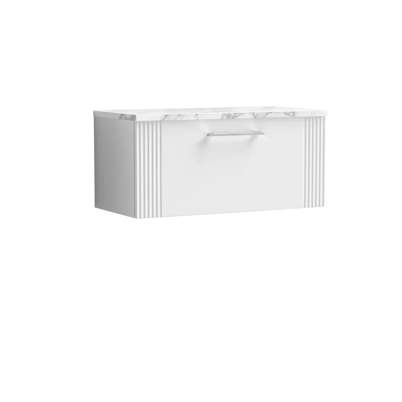 Deco 800mm Wall Hung 1 Drawer Vanity Unit & Carrera Marble Laminate Worktop - White Satin