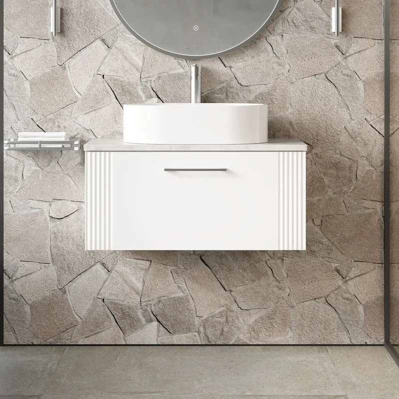 Deco 800mm Wall Hung 1 Drawer Vanity Unit & Bellato Grey Laminate Worktop - White Satin