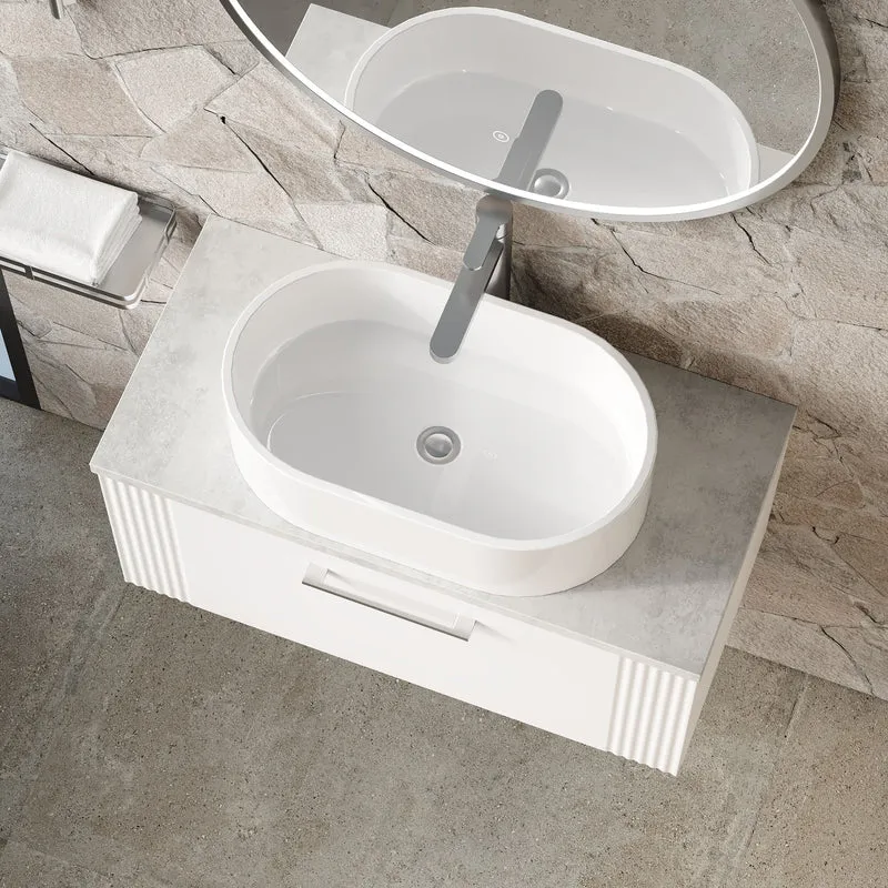 Deco 800mm Wall Hung 1 Drawer Vanity Unit & Bellato Grey Laminate Worktop - White Satin