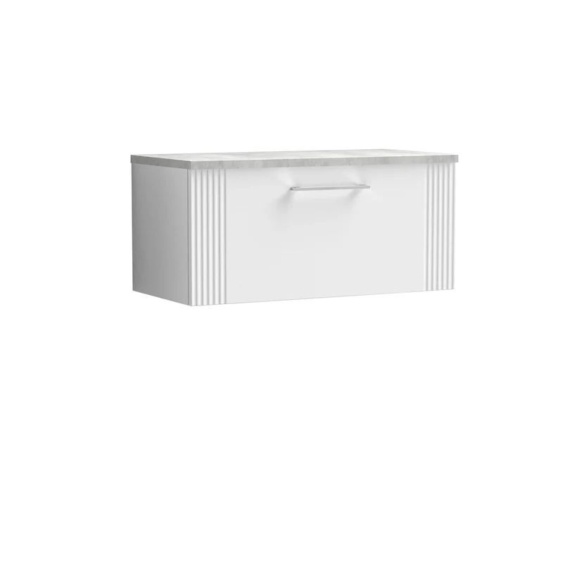 Deco 800mm Wall Hung 1 Drawer Vanity Unit & Bellato Grey Laminate Worktop - White Satin