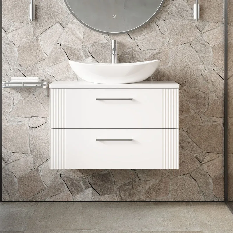 Deco 800mm Wall Hung 2 Drawer Vanity Unit & Worktop - White Satin