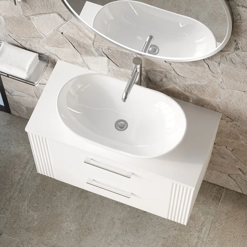 Deco 800mm Wall Hung 2 Drawer Vanity Unit & Worktop - White Satin