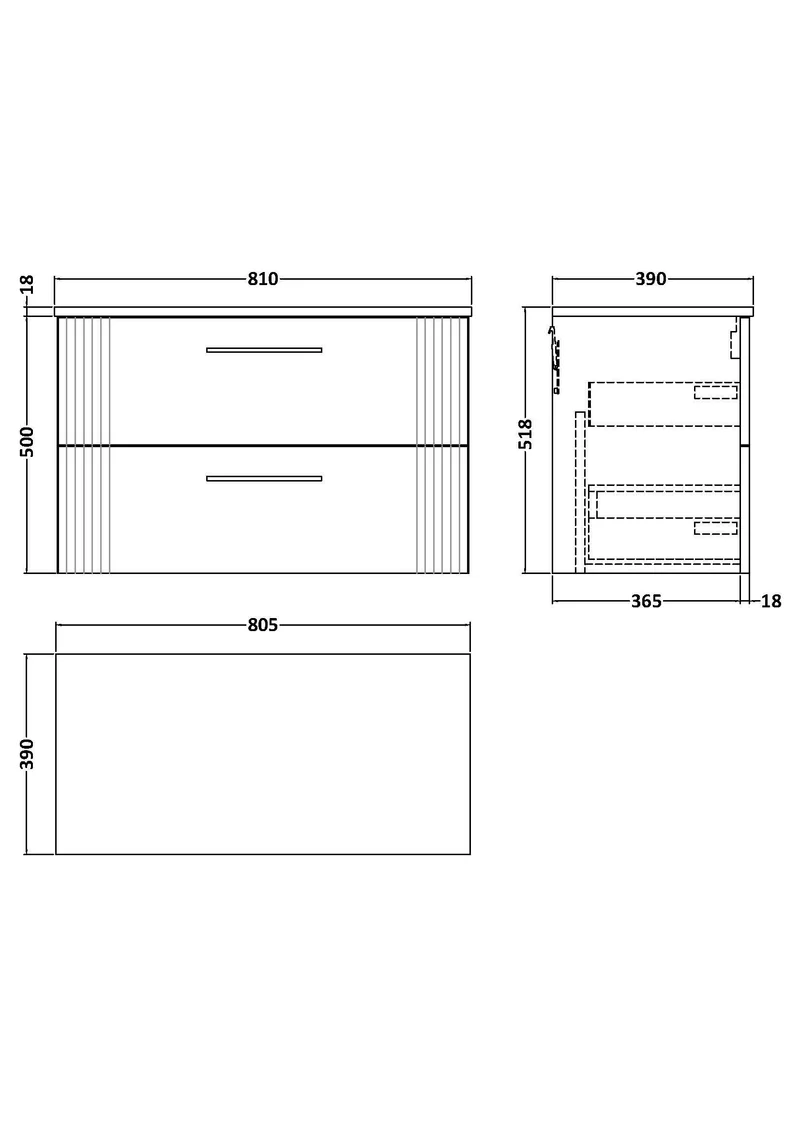Deco 800mm Wall Hung 2 Drawer Vanity Unit & Worktop - White Satin