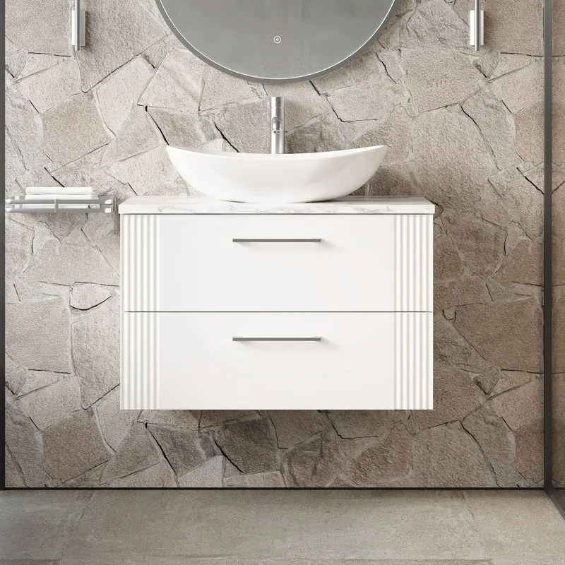 Deco 800mm Wall Hung 2 Drawer Vanity Unit & Carrera Marble Laminate Worktop - White Satin