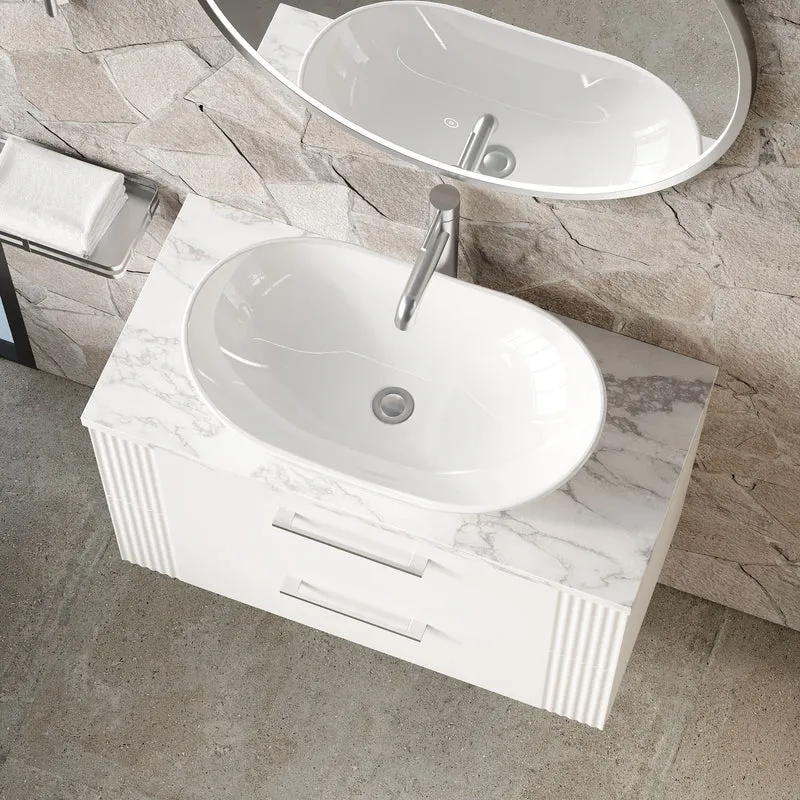 Deco 800mm Wall Hung 2 Drawer Vanity Unit & Carrera Marble Laminate Worktop - White Satin