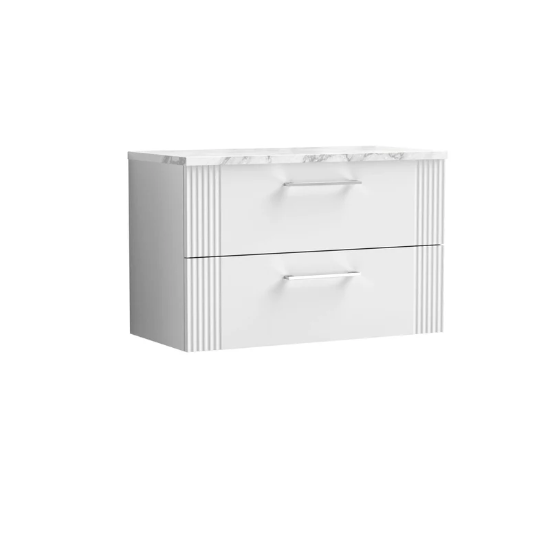 Deco 800mm Wall Hung 2 Drawer Vanity Unit & Carrera Marble Laminate Worktop - White Satin