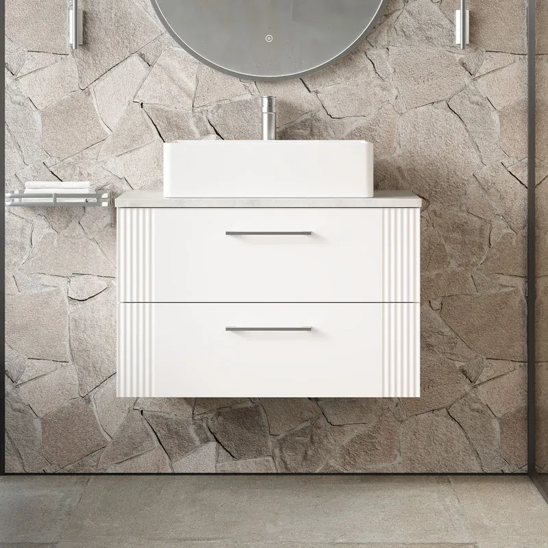 Deco 800mm Wall Hung 2 Drawer Vanity Unit & Bellato Grey Laminate Worktop - White Satin