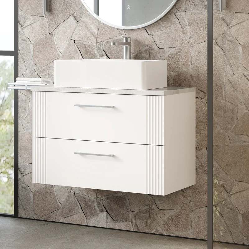 Deco 800mm Wall Hung 2 Drawer Vanity Unit & Bellato Grey Laminate Worktop - White Satin