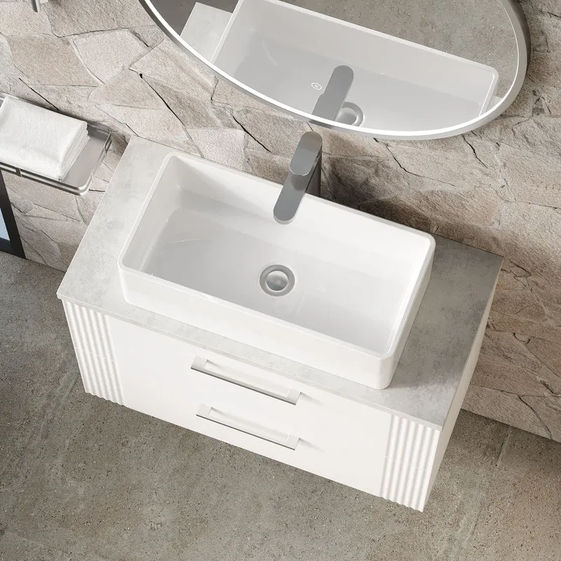 Deco 800mm Wall Hung 2 Drawer Vanity Unit & Bellato Grey Laminate Worktop - White Satin