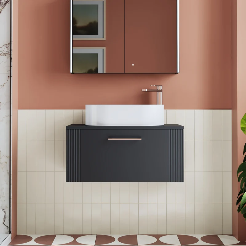 Deco 800mm Wall Hung 1 Drawer Vanity Unit & Worktop - Soft Black Satin