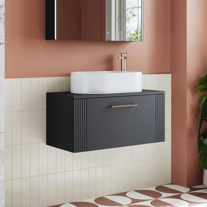 Deco 800mm Wall Hung 1 Drawer Vanity Unit & Worktop - Soft Black Satin