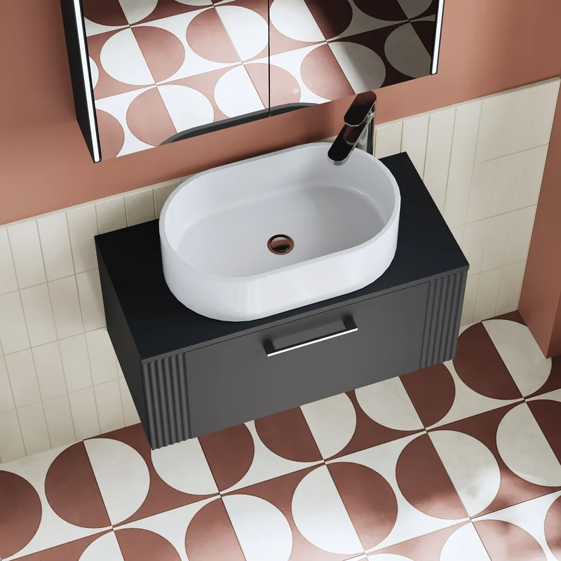 Deco 800mm Wall Hung 1 Drawer Vanity Unit & Worktop - Soft Black Satin