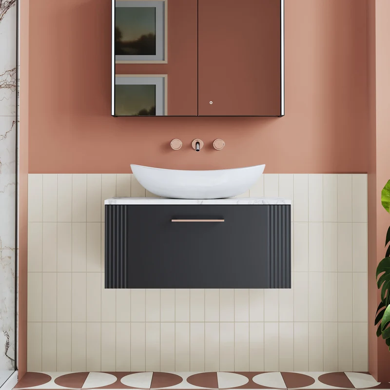 Deco 800mm Wall Hung 1 Drawer Vanity Unit & Carrera Marble Laminate Worktop - Soft Black Satin