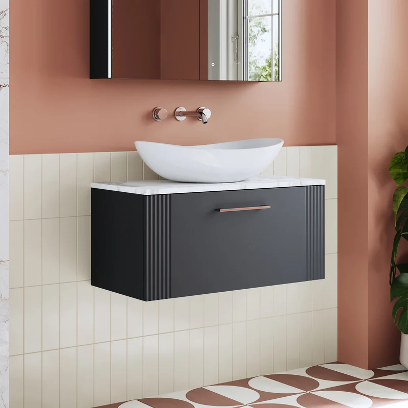 Deco 800mm Wall Hung 1 Drawer Vanity Unit & Carrera Marble Laminate Worktop - Soft Black Satin