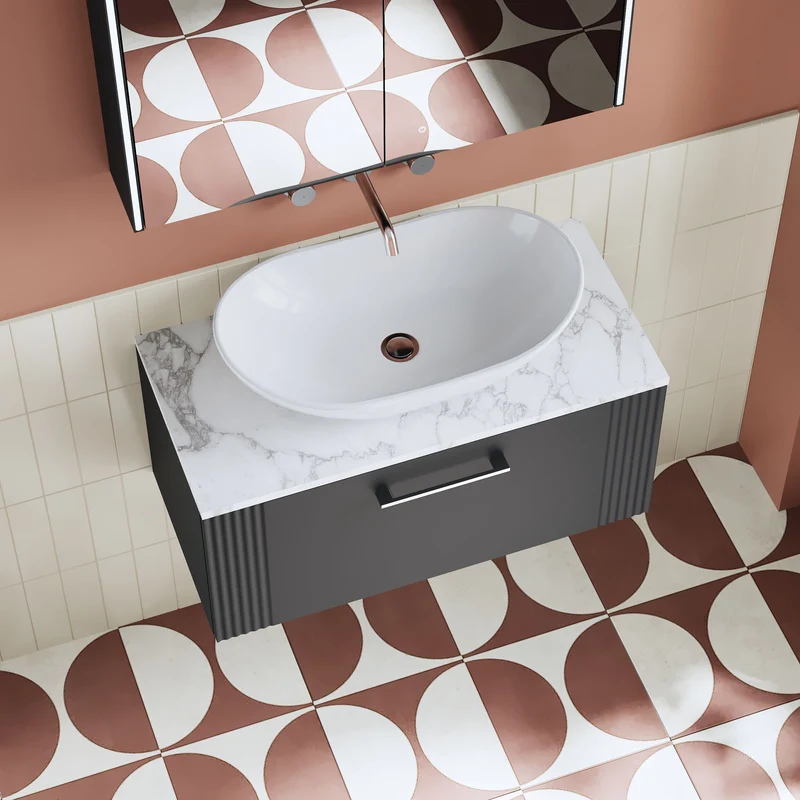 Deco 800mm Wall Hung 1 Drawer Vanity Unit & Carrera Marble Laminate Worktop - Soft Black Satin