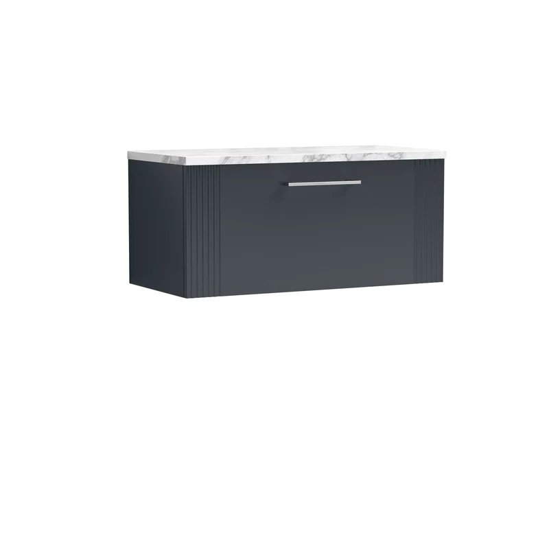Deco 800mm Wall Hung 1 Drawer Vanity Unit & Carrera Marble Laminate Worktop - Soft Black Satin