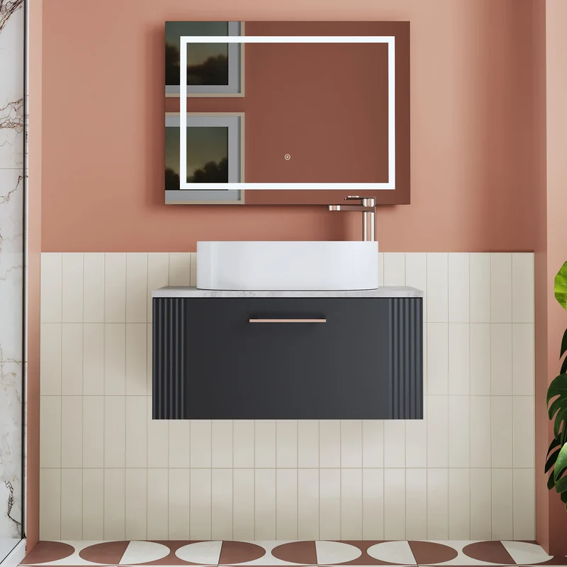 Deco 800mm Wall Hung 1 Drawer Vanity Unit & Bellato Grey Laminate Worktop - Soft Black Satin