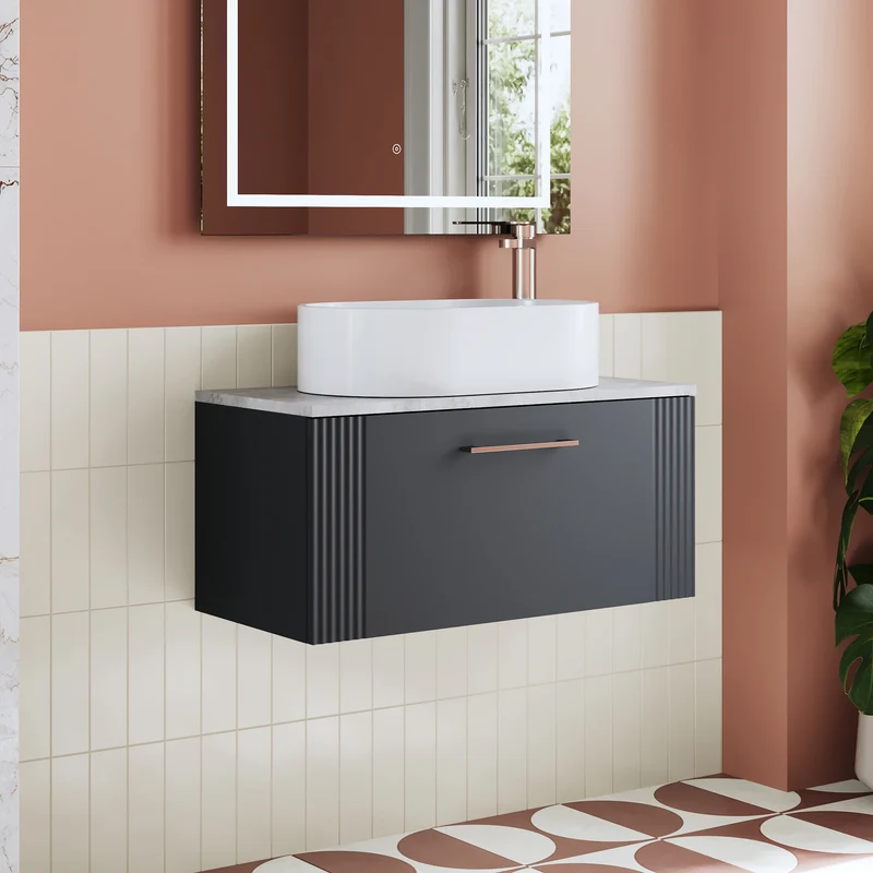 Deco 800mm Wall Hung 1 Drawer Vanity Unit & Bellato Grey Laminate Worktop - Soft Black Satin